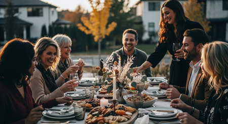 Group of friends having a dinner party outdoors. Selective focus.の素材