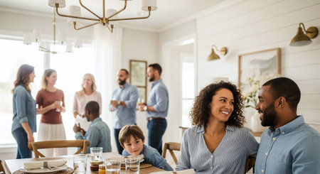 Happy african american family having dinner together in kitchen at homeの素材