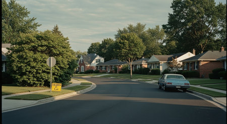 A view of a road in the middle of a residential area.の素材