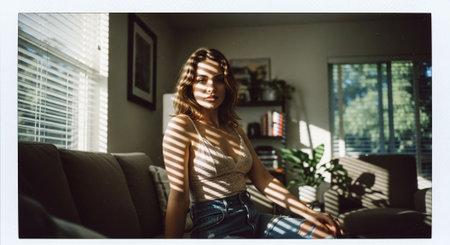Portrait of a beautiful young woman sitting on a sofa in the living room at homeの素材
