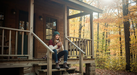 Young woman sitting on the stairs and drinking coffee in the autumn forest.の素材