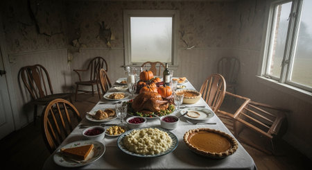 Thanksgiving dinner in a rustic style with turkey, pumpkins, pie and piesの素材