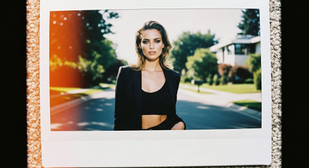 Beautiful young woman in a black dress on the background of a photo frameの素材
