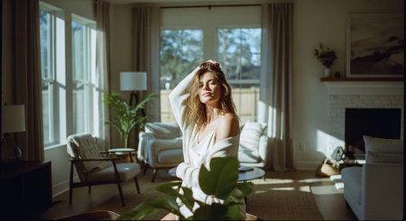 Beautiful young woman in a white bathrobe sitting in the living room at homeの素材