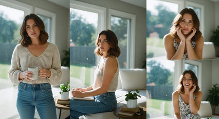 collage of young beautiful women drinking coffee and looking at camera at homeの素材