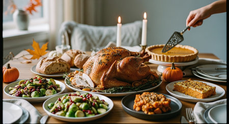 A beautifully arranged thanksgiving dinner table featuring a roasted turkey, various side dishes, and desserts, with candles and autumn decorationsの素材