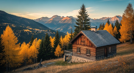 A cozy wooden cabin surrounded by autumn foliage and mountainsの素材