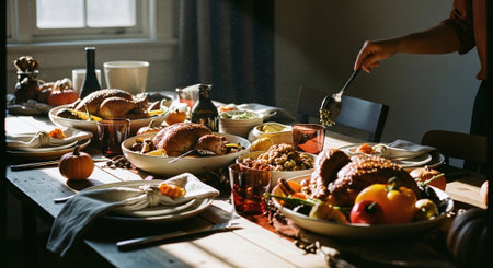 A beautifully arranged dining table featuring a thanksgiving feast with roasted turkey, side dishes, and autumn decorationsの素材