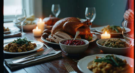 Thanksgiving dinner table with turkey, cranberry sauce and roasted turkeyの素材