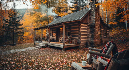 A cozy log cabin surrounded by autumn foliage, with smoke rising from the chimney, a porch with rocking chairs, and a serene forest backdropの素材