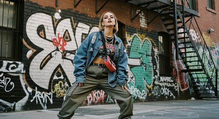 A confident young woman poses in streetwear against a vibrant graffiti wall. She wears a denim jacket, graphic tee, and baggy pants, showcasing urban fashion.の素材