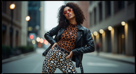 A fashionable woman with curly hair wearing sunglasses, a leopard print top, and patterned pants, posing confidently on a city streetの素材