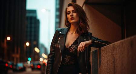 A stylish woman in a leather jacket poses confidently against a city backdrop during twilight. The urban setting features blurred lights and tall buildings, creating a modern atmosphere.の素材