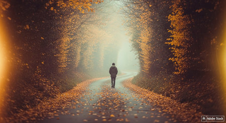 A solitary figure walking down a misty road lined with autumn trees, covered in fallen leavesの素材
