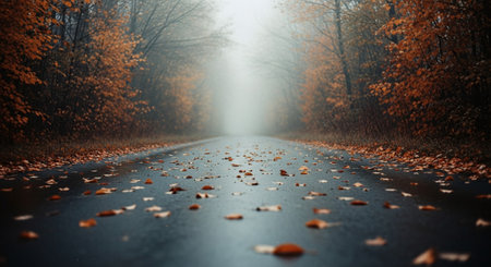 A serene autumn road lined with trees, covered in fallen leaves, shrouded in fogの素材
