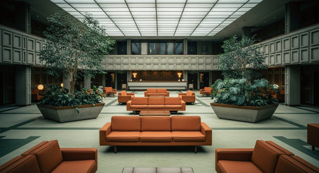 A spacious modern lobby with orange sofas, large planters, and greenery, featuring a glass ceiling that allows natural light to illuminate the areaの素材