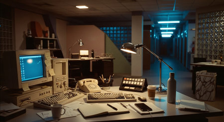 A dimly lit office space featuring a vintage computer, desk lamp, and various office supplies scattered on a deskの素材