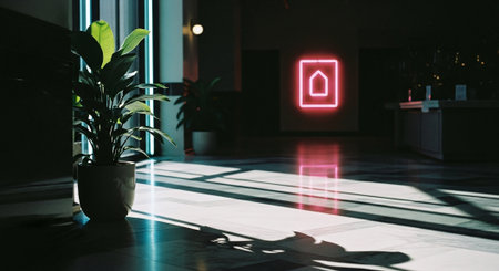 A modern interior space with a potted plant, neon light, and dramatic shadowsの素材