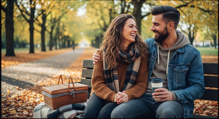 A couple sitting on a park bench in autumn, smiling and enjoying each others company, surrounded by colorful fall foliageの素材