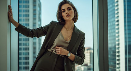 A stylish woman in a tailored suit stands by a large window, showcasing a modern city skyline. She exudes confidence and elegance, with a sophisticated hairstyle and minimal jewelry.の素材