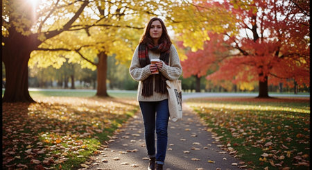 A young woman walking through a park in autumn, surrounded by colorful fall foliage, holding a coffee cup, wearing a cozy sweater and scarfの素材