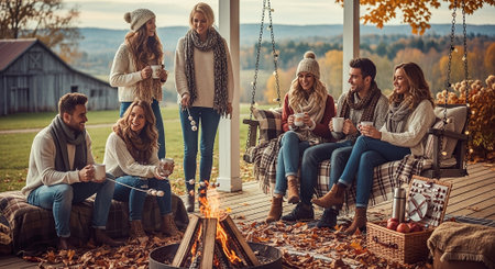 A group of friends enjoying a cozy outdoor gathering by a fire pit, surrounded by autumn foliage, wearing warm sweaters and scarves, sipping drinks and roasting marshmallowsの素材