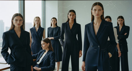 A group of women in stylish navy suits posing in a modern office setting, showcasing fashion and eleganceの素材