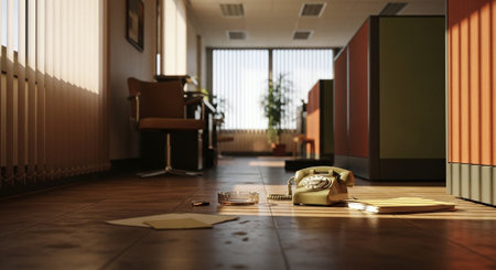 An office interior with a vintage telephone on the floor, scattered papers, an ashtray, and sunlight streaming through blindsの素材