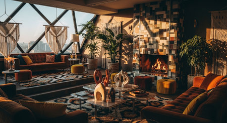 A stylish and cozy living room with modern decor, featuring a fireplace, large windows, plants, and colorful furnitureの素材