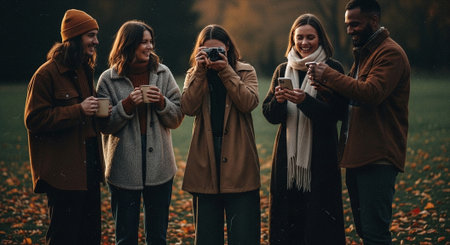 A group of five friends enjoying a fall day outdoors, laughing and taking photos, surrounded by autumn leavesの素材