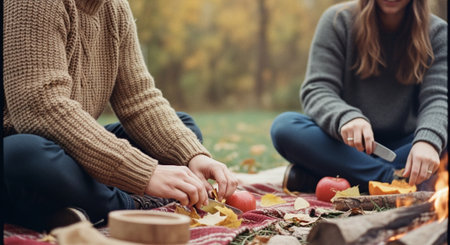 A cozy autumn scene featuring two people sitting on a blanket in a park, surrounded by colorful leaves and apples, with a campfire nearbyの素材