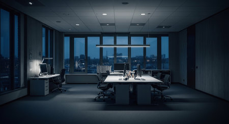 A modern office space at night, featuring large windows with a city view, minimalistic furniture, and dim lightingの素材
