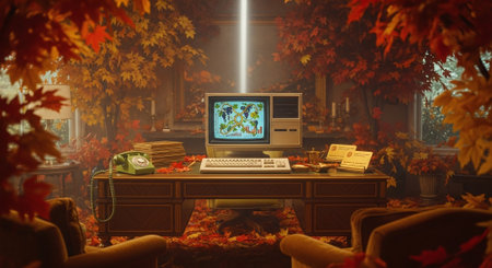 A vintage office scene with an old computer on a wooden desk, surrounded by autumn leaves and foliage, featuring a rotary phone and stacks of papers, warm lightingの素材