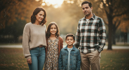 A family portrait in a park during autumn, featuring a mother, father, and two children, with warm sunlight filtering through treesの素材