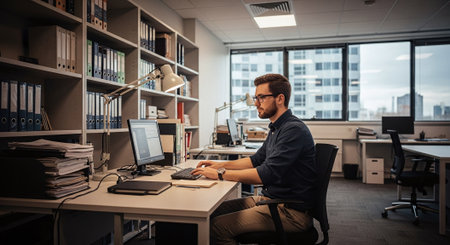 A man working at a desk in a modern office, surrounded by shelves of binders and files, with large windows showing a cityscapeの素材