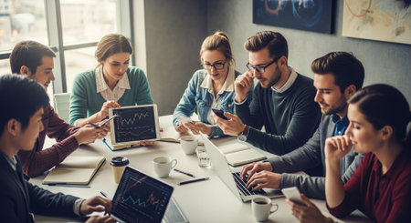A diverse group of professionals engaged in a collaborative meeting, analyzing data on laptops and tablets, with charts and graphs visible, in a modern office settingの素材