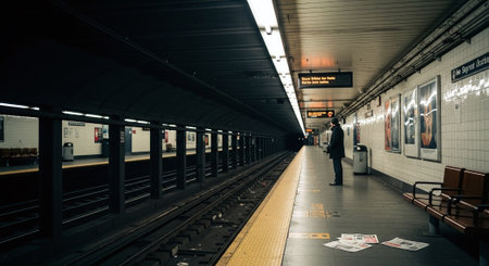 A dimly lit subway station with empty tracks, a lone figure standing on the platform, scattered newspapers on the ground, and illuminated signs in the backgroundの素材