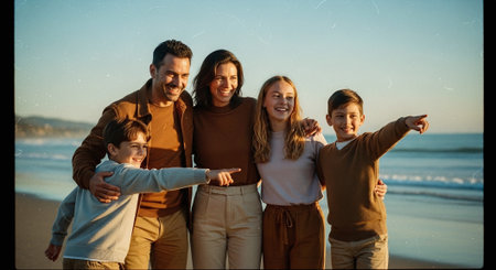 A happy family of five standing on the beach, smiling and pointing at something in the distance, wearing matching earth-toned outfits, with ocean waves in the backgroundの素材