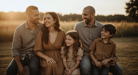 A happy family of five sitting together in a field during sunset, smiling and enjoying each others companyの素材