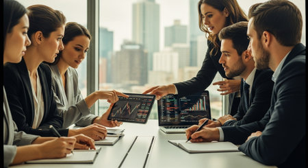 A group of professionals in a modern office setting discussing financial data on laptops and tabletsの素材