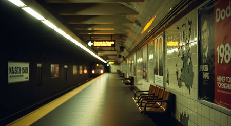 A quiet subway station with empty benches, dim lighting, and posters on the walls, featuring a train approaching in the distanceの素材