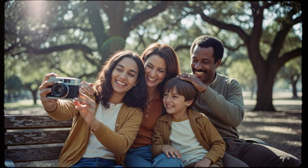 A happy family taking a selfie in a park, with trees in the background, capturing a joyful moment togetherの素材