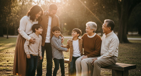 A joyful family gathering in a park during golden hour, featuring grandparents, parents, and children sharing smiles and laughterの素材
