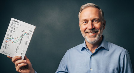 A smiling man holding a financial report with a graph, wearing a light blue shirt, against a dark backgroundの素材