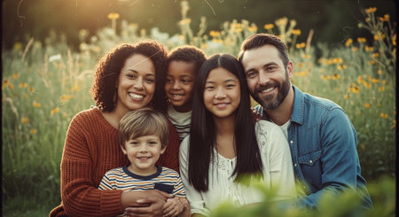 A happy family of five posing together in a field of wildflowers during sunset, showcasing warmth and togethernessの素材
