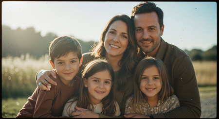 A happy family portrait with two adults and three children, smiling in a sunny outdoor setting, surrounded by natureの素材