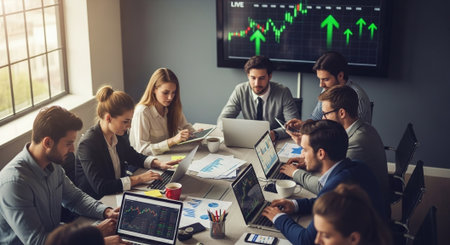 A group of professionals in a modern office meeting, analyzing data on laptops and papers, with a financial chart displayed on a screenの素材