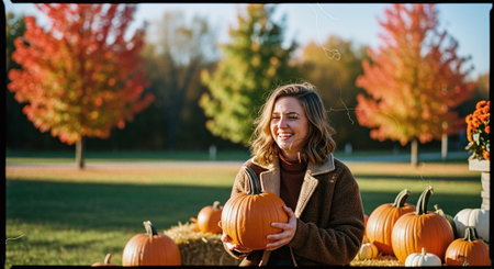 A young woman holding a pumpkin, smiling in a fall setting with colorful autumn trees in the backgroundの素材