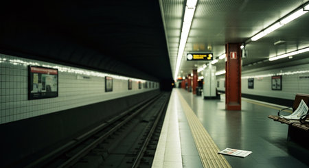 A quiet subway station with empty tracks, benches, and posters on the walls, illuminated by overhead lightsの素材