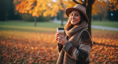A young woman holding a coffee cup, smiling in an autumn park with colorful leaves and a warm sunset glowの素材